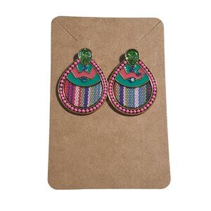 Colorful Drop Earrings Green Gem Woven Multicolor Pattern Boho Style Lightweight